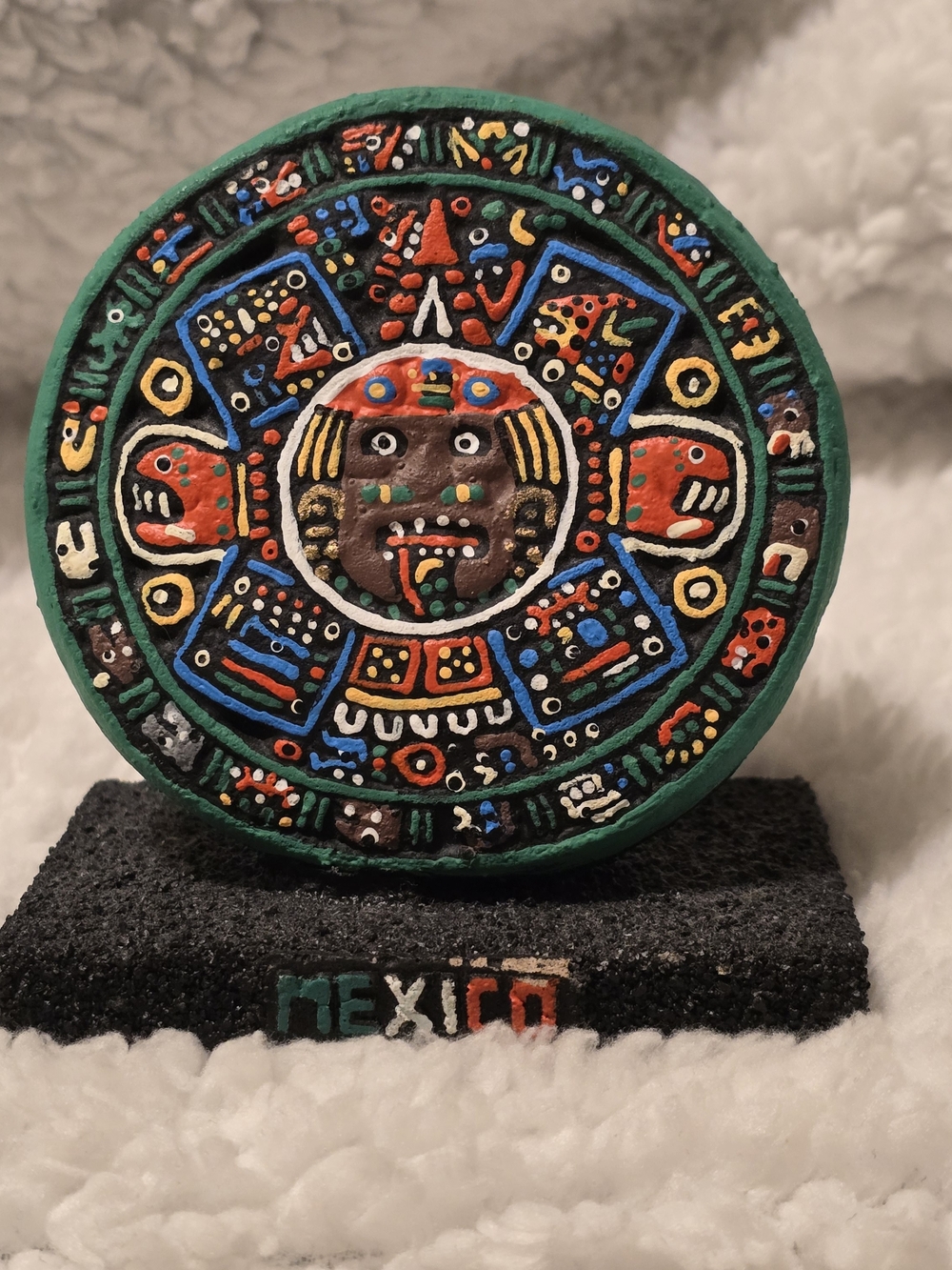 Mexico Souvenir Aztec Calendar Miniature Art Piece on Black Base W/"Mexico" 3x2